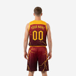 Back view of maroon and gold custom basketball uniform showing player name and back number placement in gold lettering
