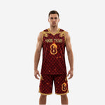 Maroon and gold basketball uniforms full set front and back with dragon scale sublimation and gold player number 8 on chest and shorts