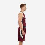 Front view of the maroon and gold custom basketball uniform set with arched team name and front number 00 on the chest