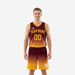 Custom maroon and gold basketball uniforms with gradient fade jersey and matching shorts, team name and number 00 on front
