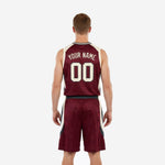 Other side view of the maroon and gold custom basketball jersey and shorts showing the matching panel design