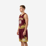 Opposite side view of custom maroon and gold basketball uniform set showing V-neck jersey and matching splash shorts