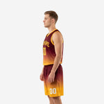 Opposite side view of custom maroon and gold basketball uniform set showing armhole binding and gradient shorts