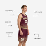 Back view of custom maroon and gold basketball uniform showing back number placement and geometric diamond pattern across the shorts hem