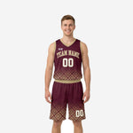 Custom maroon and gold basketball uniforms for school programs showing full 2-piece set with gold diamond lattice pattern on jersey and shorts front view