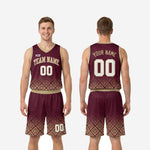 Size and specification chart for custom maroon and gold basketball uniform set showing youth and adult sizing options