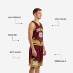 Detail view of gold paint-splash pattern on maroon basketball shorts with white number on lower leg panel