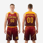 Size chart and spec sheet for custom maroon and gold basketball uniforms available in youth and adult sizing