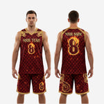 Size and specification chart for maroon and gold basketball uniforms showing youth and adult sizing options for full roster orders