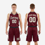 Size and specification sheet for the maroon and gold custom basketball uniform sets covering youth and adult sizes
