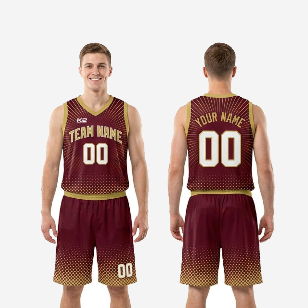 Custom Maroon and Gold Basketball Uniforms - Sunburst Design