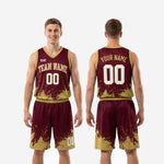 Size and specification chart for custom maroon and gold basketball uniform set in youth and adult sizes