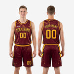 Size and specification sheet for maroon and gold custom basketball uniform set showing youth and adult size run