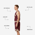 Back view of custom maroon and gold reversible basketball jersey showing back name and number on a full contour-pattern sublimated body