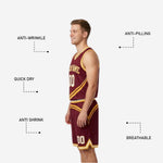 Back view of the maroon and gold reversible basketball uniform showing back number and player name placement on the maroon jersey side