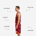Back view of the maroon and gold reversible basketball uniform displaying back number placement and orange-gold hem band on the shorts