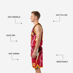 Back view of maroon and gold custom reversible basketball uniform showing back number and player name placement on the maroon side