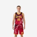 Maroon and gold reversible basketball uniforms with white lightning bolt sublimation pattern shown on both the maroon and gold sides, full 2-piece set