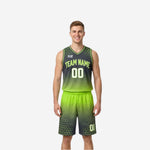 Custom maroon and gold reversible basketball uniforms front view showing hex gradient jersey and matching shorts on male model