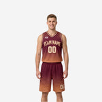 Front view of maroon and gold reversible basketball uniform set with honeycomb pattern jersey and shorts on male model