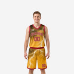 Front view of custom maroon reversible basketball jersey with gold arced team name, number 00, and white lightning graphic across the chest and matching shorts