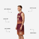 Full set view of custom maroon and gold reversible basketball uniform with hex pattern jersey and matching shorts