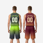 Shorts detail of maroon and orange gradient reversible basketball shorts showing hex honeycomb pattern and leg number
