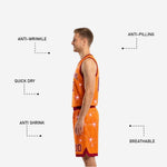 Close-up detail of the matching shorts from the maroon and gold reversible basketball uniform set showing the elastic waistband and orange hem