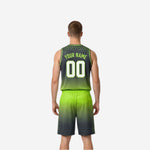 Side view of maroon to orange gradient reversible basketball uniform jersey and shorts with hex pattern detail