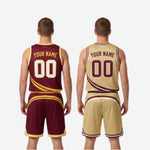 Size and specification sheet for the custom maroon and gold reversible basketball uniform set showing youth and adult size run