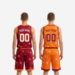Size and specification sheet for the maroon and gold reversible basketball uniform showing youth and adult size run measurements
