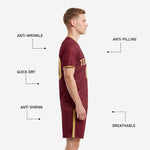 Detail of Vegas Gold side stripe on maroon custom soccer shorts matching the jersey collar and cuff trim