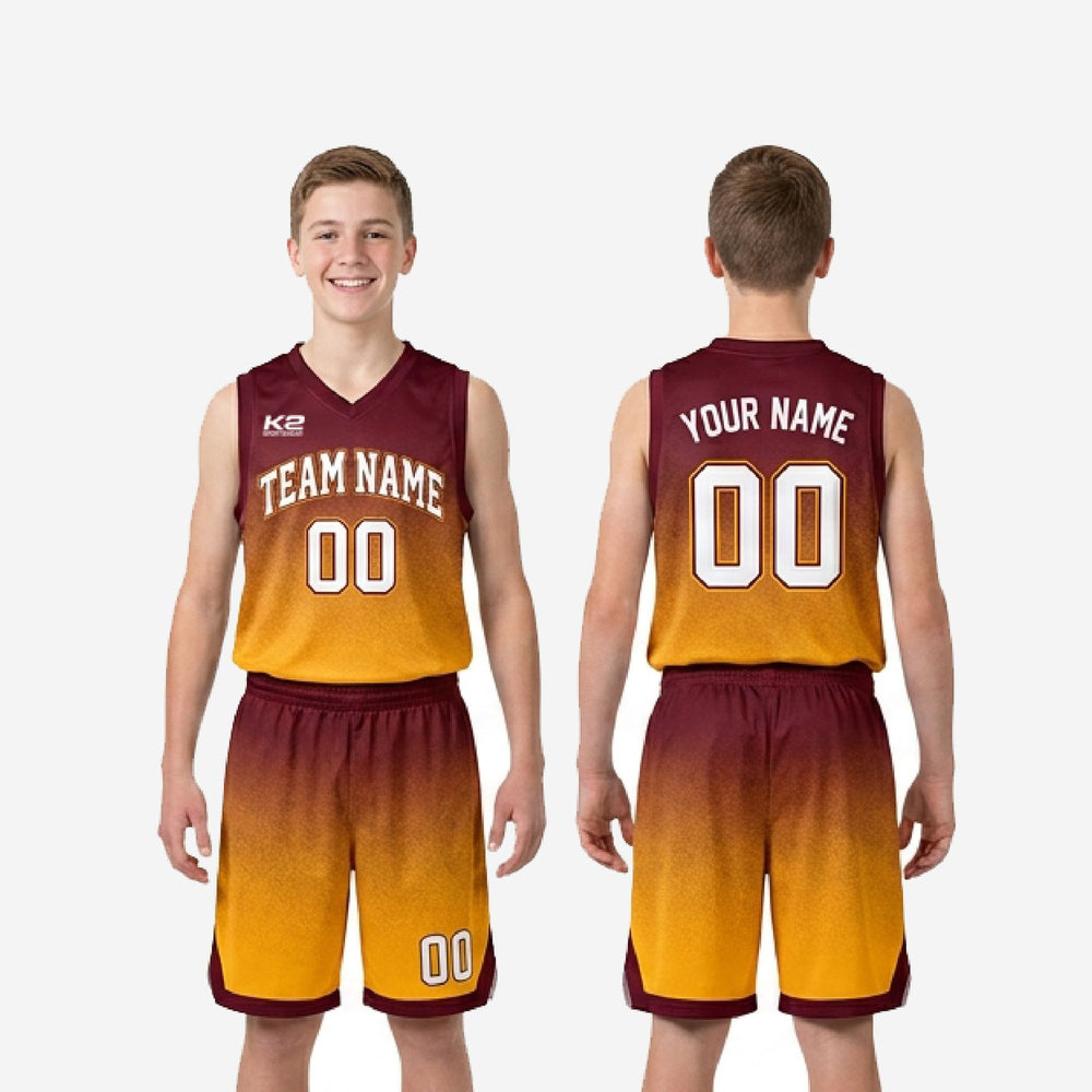 Custom Maroon and Gold Youth Basketball Uniforms - Tournament Set