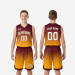 Back view of maroon and gold youth basketball uniform set with player name and number printed across the upper back in white