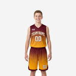 Maroon and gold youth basketball uniforms full set showing gradient jersey and matching shorts with team name and number 00, front view