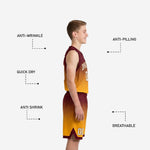 Youth basketball uniform size and specification sheet for the maroon and gold gradient tournament set in youth sizes