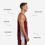 Back view of the custom maroon and yellow basketball jersey with back number placement and white contrast side panels visible