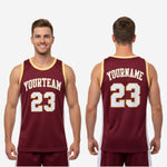 Back view of custom maroon and yellow basketball jersey with player name and number in white with gold outline