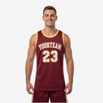 Custom maroon and yellow basketball jersey with white side panels, gold binding, arched team name, and front number 23 shown front and back