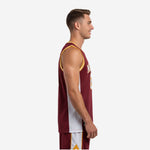 Front view of a custom maroon and yellow basketball jersey with gold-and-white crew neckline binding and white contrast side panels