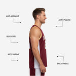 Opposite side view of custom maroon and gold basketball jersey showing sleeveless cut, white side panel, and athletic fit on adult male