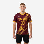 Front view of mens custom maroon soccer training jersey with Athletic Gold marble print and V-neck collar trim