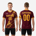 Full roster view of custom maroon soccer training jerseys with Athletic Gold marble print for club squads