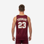 Size and specification chart for custom maroon and yellow basketball jersey in youth and adult sizing