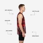 Back view of maroon basketball jersey with large back number and player name bar above it, white lightning graphic visible across the back panel