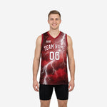Maroon basketball jerseys with white lightning storm sublimation graphic, front and back view showing team name arc and player number zones
