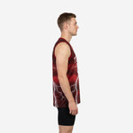 Men's custom maroon basketball jersey with full-front white lightning bolt pattern, V-neck collar, and contrast maroon binding on a male model