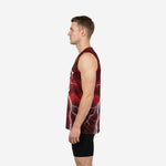 Left side view of sublimated maroon basketball jersey showing lightning graphic wrapping past the armhole across the side panel