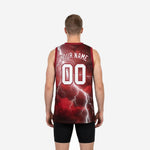 Right side view of maroon storm basketball jersey displaying straight hem, side vent, and continuous sublimation print around the side panel