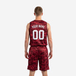 Back view of maroon digital camo basketball jersey showing white player name and back number sublimated on full camo print